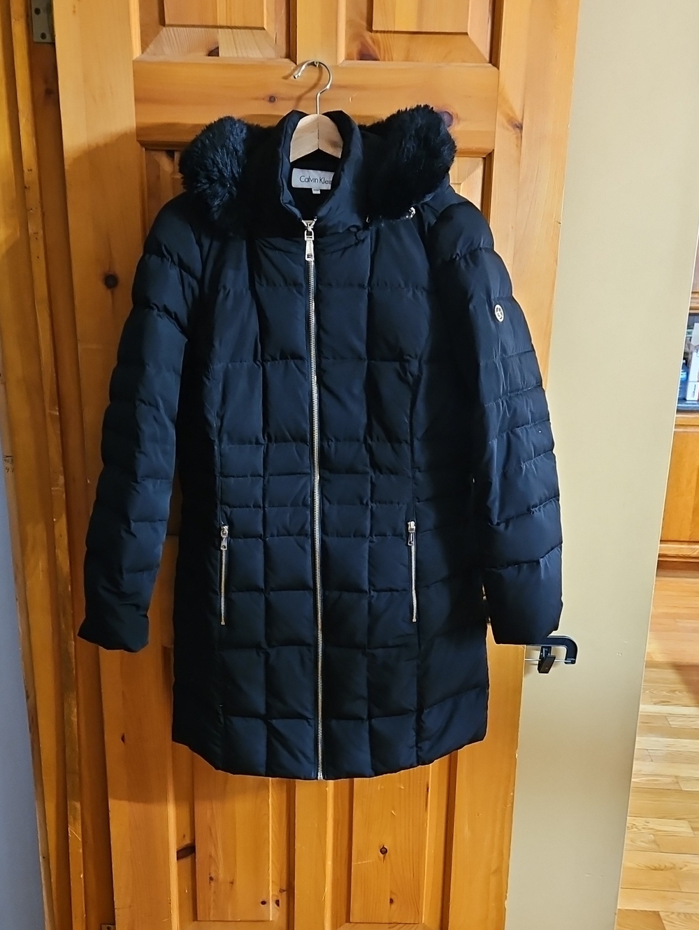 Calvin Klein Black Quilted Long Puffer Coat with Faux Fur Trimmed Hood